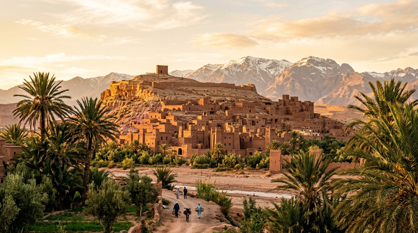 Ait Benhaddou ancient earthen clay kasbah fortress at sunset