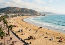 Agadir & Taghazout Travel Guide: Beaches, Surfing & Souss Valley Sweeping golden sand beach crescent and Atlantic ocean waves in Agadir and Taghazout Morocco