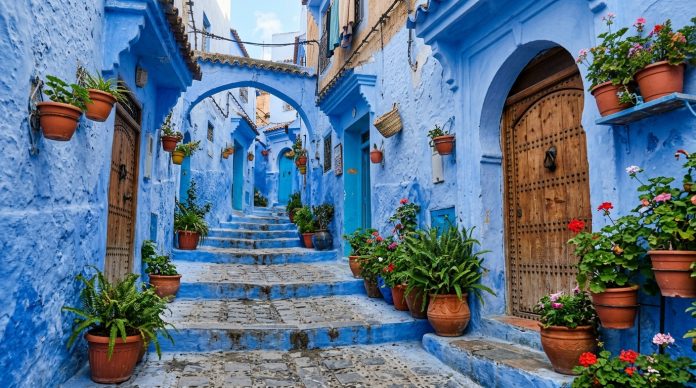 Blue painted alleyway with flower pots in Chefchaouen Morocco