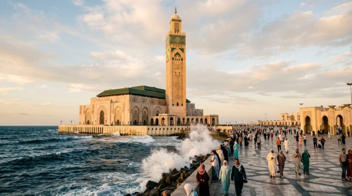 Hassan II Mosque minaret overlooking Atlantic Ocean in Casablanca Morocco