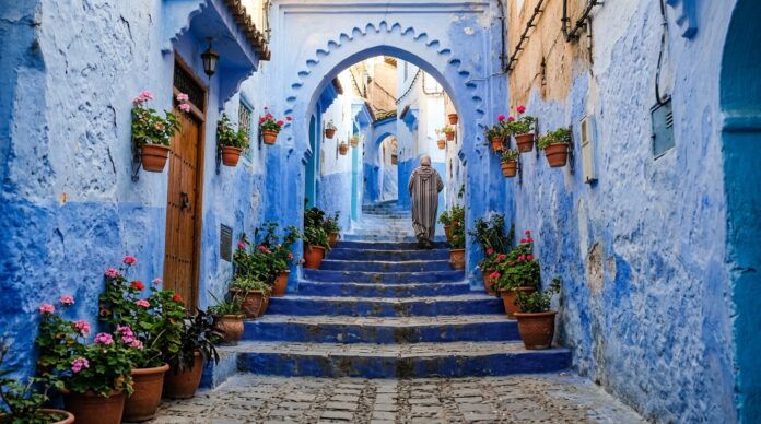Chefchaouen Travel Guide - Blue Washed Medina Alleys Blue-washed cobblestone alleyway with painted steps and flower pots in Chefchaouen Morocco