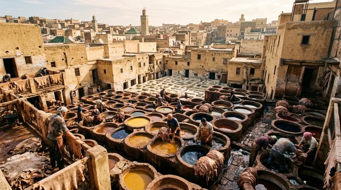 Aerial documentary view of Chouara Tannery round stone dye vats in Fes el-Bali Morocco