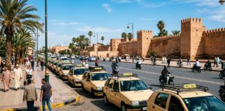 Getting Around Marrakech: Complete Local Transport & Taxi Guide Iconic beige Petit Taxis lined up in Marrakech with palm trees and clay city walls