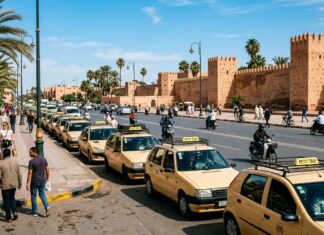 Getting Around Marrakech: Complete Local Transport & Taxi Guide Iconic beige Petit Taxis lined up in Marrakech with palm trees and clay city walls