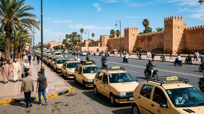 Iconic beige Petit Taxis lined up in Marrakech with palm trees and clay city walls