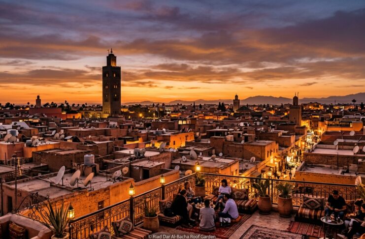 How Many Days in Marrakech? Realistic 2, 3, and 4-Day Itineraries & Season Guide Sunset panoramic view over Marrakech rooftops with illuminated Koutoubia Mosque
