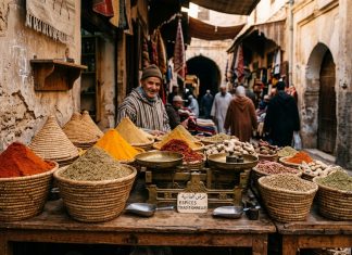 Moroccan Food Guide: What to Eat, Street Food Rules & Dining Culture Traditional Moroccan spice stall in medina alley with paprika and cumin