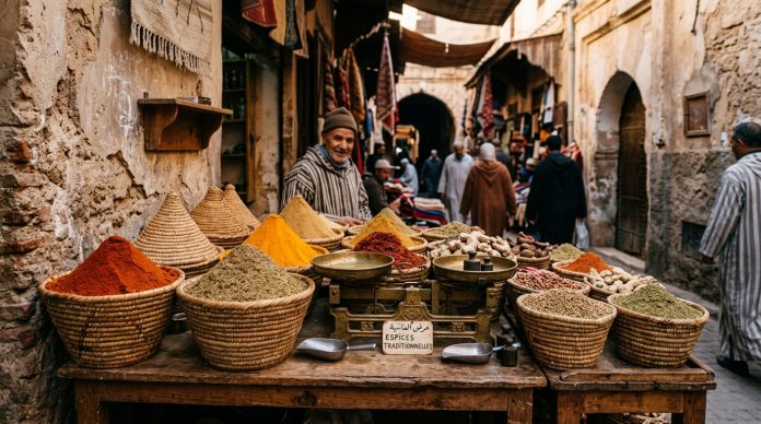 Traditional Moroccan spice stall in medina alley with paprika and cumin