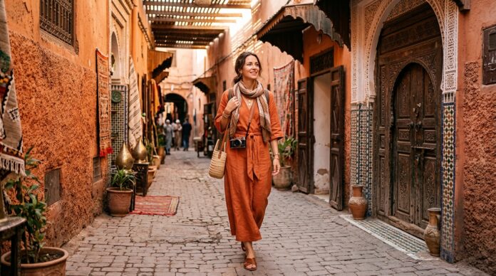 What to Wear in Marrakech - Modest Linen Travel Dress Attire Woman traveler in modest stylish linen dress and scarf in Marrakech medina