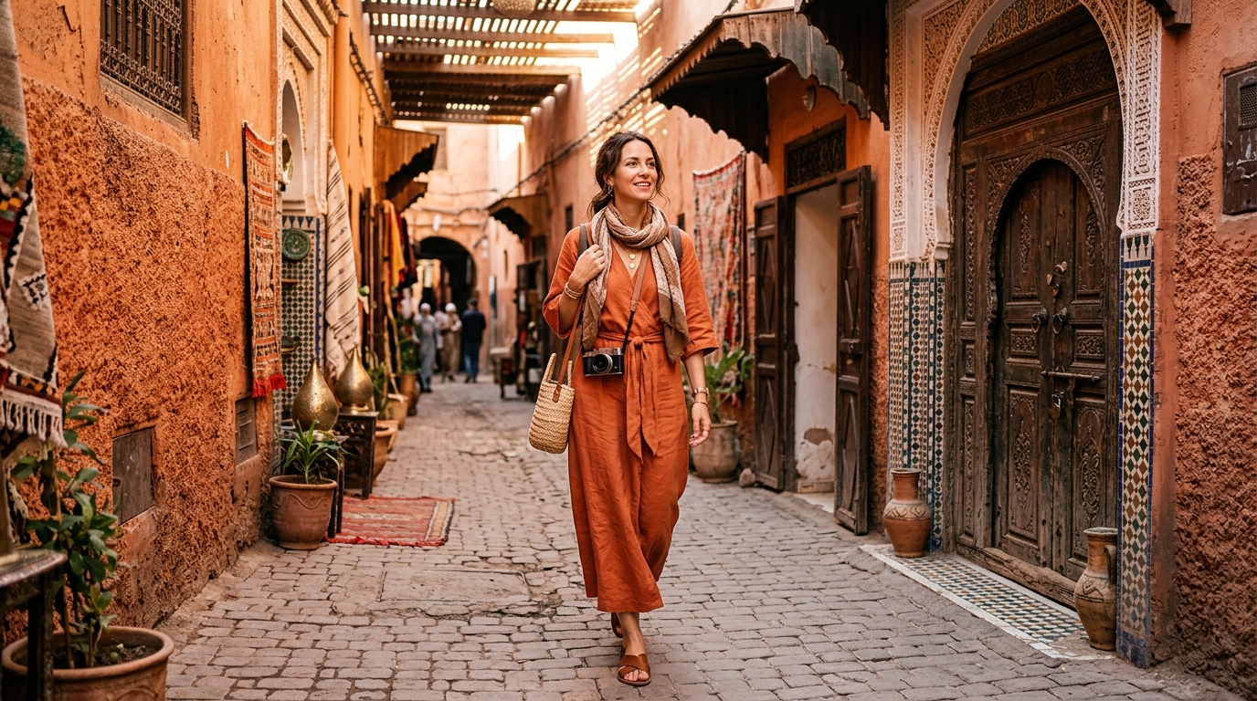 Woman traveler in modest stylish linen dress and scarf in Marrakech medina