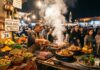 Marrakech Food Safety & Street Food Guide: Jemaa el-Fna Stalls, Drinking Water & Iconic Dishes Atmospheric night street food stall at Jemaa el-Fna with sizzling skewers and tajines