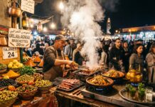 Marrakech Food Safety & Street Food Guide: Jemaa el-Fna Stalls, Drinking Water & Iconic Dishes Atmospheric night street food stall at Jemaa el-Fna with sizzling skewers and tajines