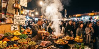 Marrakech Food Safety & Street Food Guide: Jemaa el-Fna Stalls, Drinking Water & Iconic Dishes Atmospheric night street food stall at Jemaa el-Fna with sizzling skewers and tajines