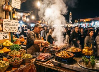 Marrakech Food Safety & Street Food Guide: Jemaa el-Fna Stalls, Drinking Water & Iconic Dishes Atmospheric night street food stall at Jemaa el-Fna with sizzling skewers and tajines