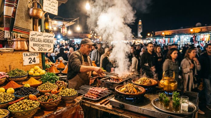 Atmospheric night street food stall at Jemaa el-Fna with sizzling skewers and tajines