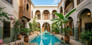 Where to Stay in Marrakech: Riads vs Hotels and Neighborhood Guide Traditional luxury Moroccan riad courtyard with turquoise pool and zellige tilework