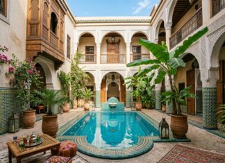 Where to Stay in Marrakech: Riads vs Hotels and Neighborhood Guide Traditional luxury Moroccan riad courtyard with turquoise pool and zellige tilework