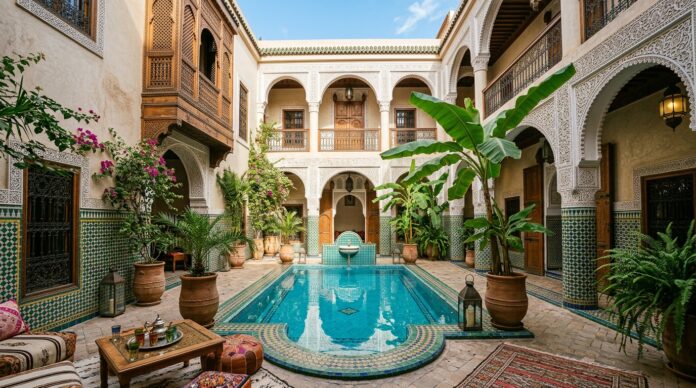 Traditional luxury Moroccan riad courtyard with turquoise pool and zellige tilework