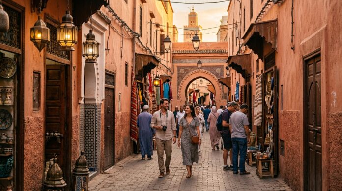 Tourists walking safely through Marrakech medina terracotta alley at golden hour
