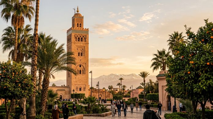 Koutoubia Mosque minaret in Marrakech Morocco framed by palm trees and Atlas mountains at sunset