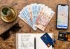 Marrakech Travel Practicalities: SIM Cards, Money, Health & Safety Travel essentials flatlay with Moroccan Dirhams banknotes, smartphone map, and Orange SIM card