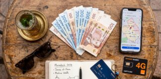 Marrakech Travel Practicalities: SIM Cards, Money, Health & Safety Travel essentials flatlay with Moroccan Dirhams banknotes, smartphone map, and Orange SIM card