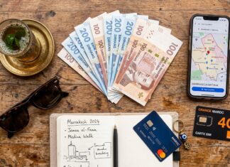 Marrakech Travel Practicalities: SIM Cards, Money, Health & Safety Travel essentials flatlay with Moroccan Dirhams banknotes, smartphone map, and Orange SIM card