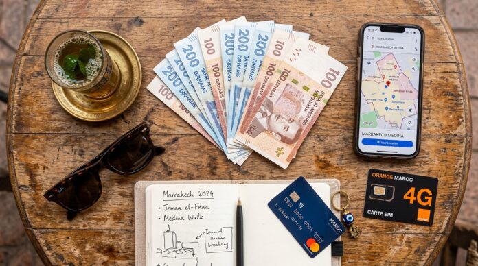 Travel essentials flatlay with Moroccan Dirhams banknotes, smartphone map, and Orange SIM card
