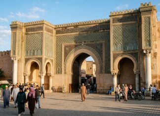 Morocco Train Travel Guide: ONCF, Al Boraq High-Speed & Tickets Monumental 18th-century ceremonial gateway of Bab El-Mansour in Meknes Morocco with Roman marble columns