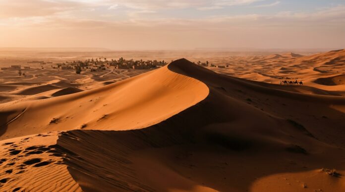 Merzouga Travel Guide: Gateway to Morocco’s Erg Chebbi Dunes Sweeping sunrise over towering orange sand dunes of Merzouga Erg Chebbi