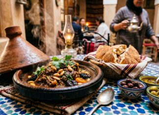 Moroccan Food Guide: What to Eat, Street Food Rules & Dining Culture Steaming Moroccan lamb tagine with prunes and almonds in clay tagine dish