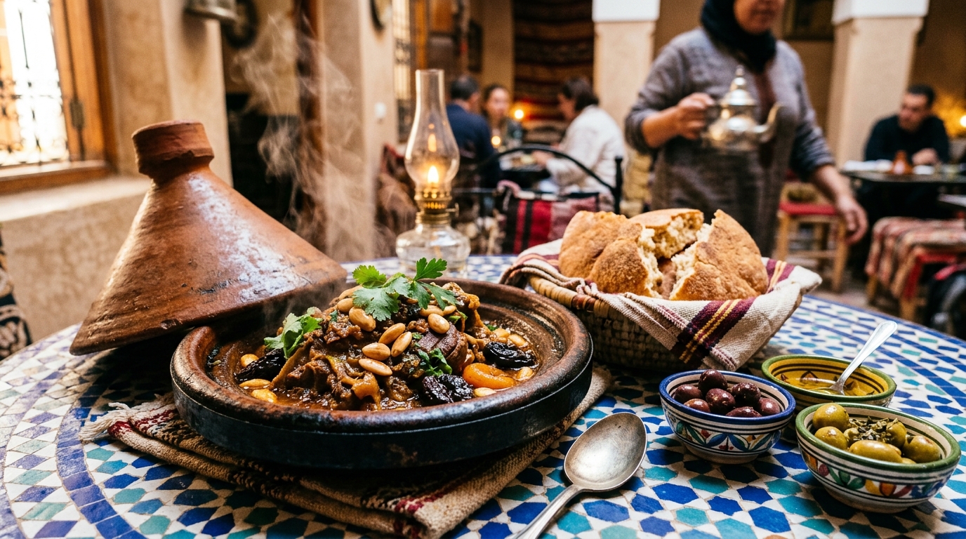 Traditional Moroccan lamb tagine with prunes, toasted almonds, and sesame seeds in earthenware pot