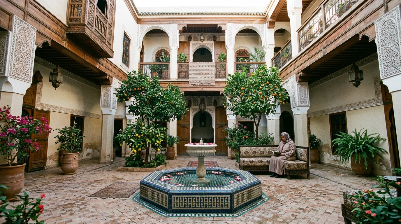 Traditional Moroccan Riad courtyard with central fountain, potted palms and mosaic zellij tiles