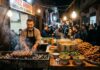 30 Moroccan Foods You Need to Try: The Ultimate Medina Eating Checklist Moroccan street food stall with sizzling meat skewers and harira soup
