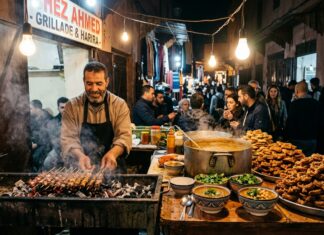 30 Moroccan Foods You Need to Try: The Ultimate Medina Eating Checklist Moroccan street food stall with sizzling meat skewers and harira soup