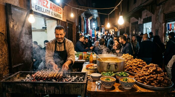 30 Moroccan Foods You Need to Try: The Ultimate Medina Eating Checklist Moroccan street food stall with sizzling meat skewers and harira soup