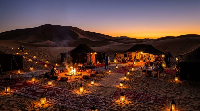 Morocco Sahara Desert Guide: Erg Chebbi vs Erg Chigaga, Camps & Logistics Traditional Berber luxury desert camp with lanterns in Erg Chebbi sand dunes at dusk