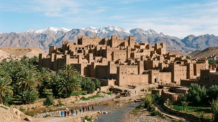 Ait Ben Haddou clay kasbah in Morocco with Atlas Mountains