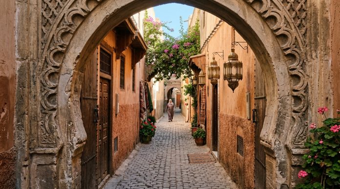 Morocco Travel Tips - Historic Medina Stone Archway Quiet sunlit cobblestone alleyway through stone keyhole archway in Moroccan medina