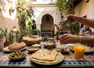 30 Moroccan Foods You Need to Try: The Ultimate Medina Eating Checklist Moroccan breakfast spread in riad courtyard with mint tea and flatbread