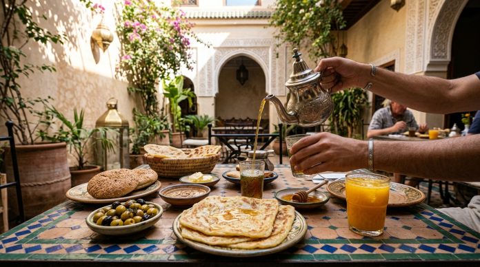 Moroccan breakfast spread in riad courtyard with mint tea and flatbread