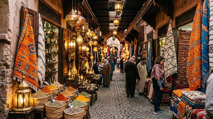 Navigating Marrakech Souks - Glowing Brass Lanterns and Rugs Marrakech souk alleyway adorned with illuminated brass lanterns and Berber rugs