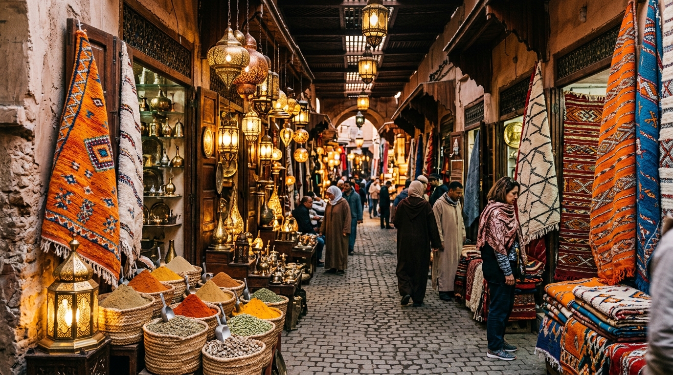Marrakech souk alleyway adorned with illuminated brass lanterns and Berber rugs