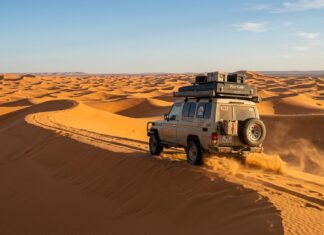 How to Visit the Sahara Desert: Tour vs Self-Drive & Planning Steps 4x4 expedition vehicle navigating the golden orange dunes of the Sahara Desert