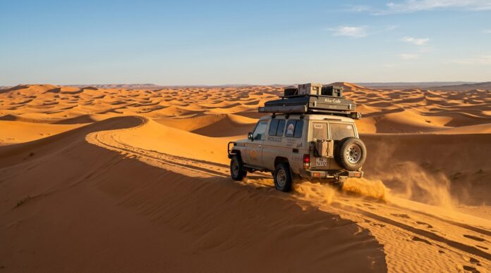 How to Visit the Sahara Desert: Tour vs Self-Drive & Planning Steps 4x4 expedition vehicle navigating the golden orange dunes of the Sahara Desert