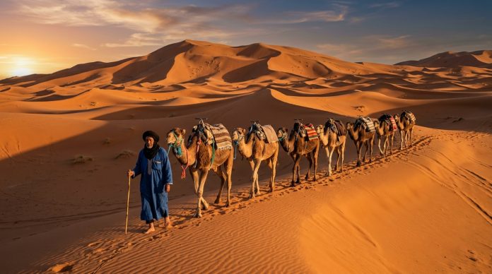 Camel caravan crossing golden sand dunes of Erg Chebbi in Merzouga Morocco at sunset