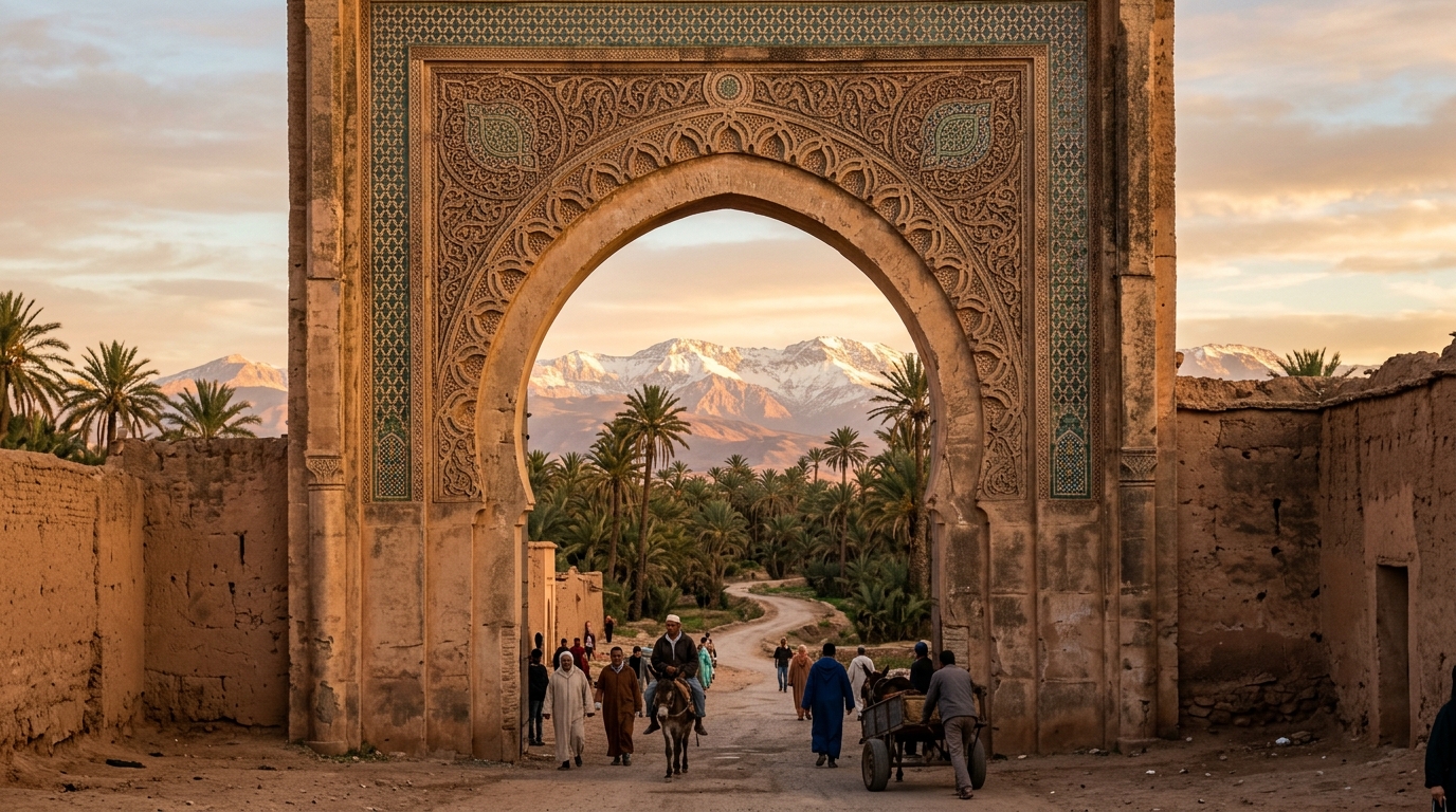 Travel to Morocco: Gateway arch framing palm trees and snow-capped Atlas Mountains