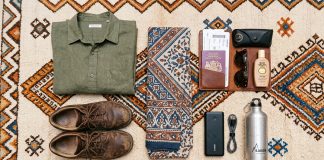 What to Pack for Morocco: The Ultimate Packing Checklist (All Seasons) Flatlay of essential travel packing items for Morocco on a Berber rug