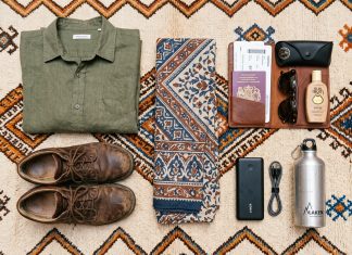 What to Pack for Morocco: The Ultimate Packing Checklist (All Seasons) Flatlay of essential travel packing items for Morocco on a Berber rug