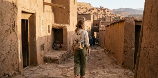What to Wear in Morocco: A Respectful & Practical Dress Code Guide Traveler in loose linen pants and cotton shirt walking through Ait Ben Haddou Morocco